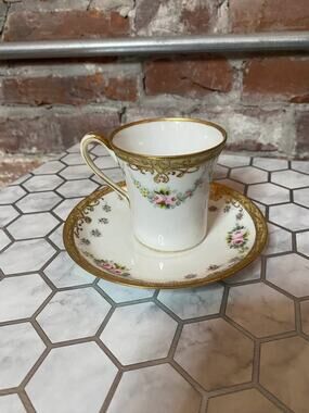 6 Antique Nippon Hand Painted Porcelain Tea Cup Floral Gold Trim  1891-1921